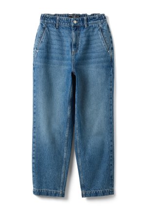 Blue denim jeans with relaxed fit, front button closure, angled side pockets, and belt loops, laid flat on a white background.