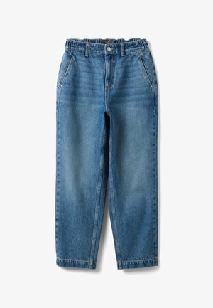 Blue denim jeans with relaxed fit, front button closure, angled side pockets, and belt loops, laid flat on a white background.