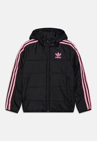 Black puffer jacket with a hood, featuring pink three-stripe accents on sleeves and a small pink logo on the chest. Zipper closure, quilted design.