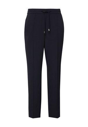 Black tailored trousers with a slim fit, elastic waistband, and drawstring closure with metal tips, featuring front creases.