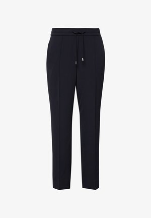 Black tailored trousers with a slim fit, elastic waistband, and drawstring closure with metal tips, featuring front creases.