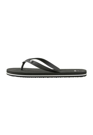 Schwarzer Flip-Flop-Sandal mit strukturierten Riemen, dünnem weißen Streifen auf der Sohle und kleinem Logo am Riemen und Fußbett.
