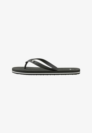 Schwarzer Flip-Flop-Sandal mit strukturierten Riemen, dünnem weißen Streifen auf der Sohle und kleinem Logo am Riemen und Fußbett.