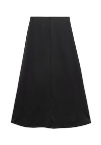 Jupe noire en A fabriquée dans un tissu lisse, avec une coupe mi-longue, un design sans coutures et une couture centrale au dos. Pas de fermetures visibles.