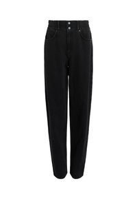 Pantalon en jean noir avec une taille haute élastique, deux poches avant et une coupe droite. Fini avec deux boutons gris en accent.