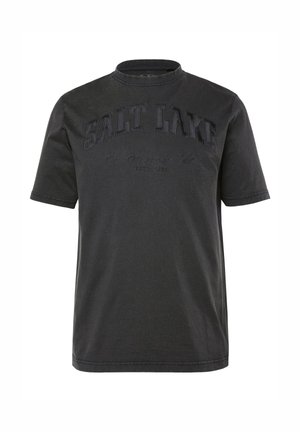 Black cotton T-shirt with a round neckline, short sleeves, and textured "SALT LAKE" lettering on the front, featuring a casual fit.
