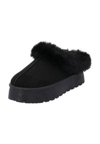 Svart fuskpälsfodrad slip-on sko med rund tå och en tjock plattformssula. Ovandelen har en slät textur och subtila sömnadsdetaljer.