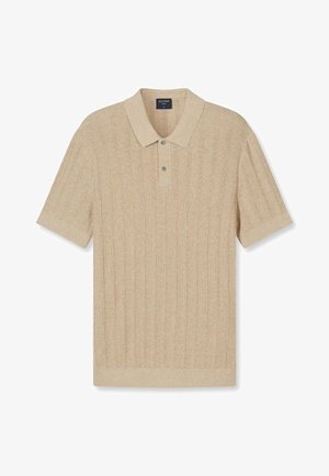 Beige short-sleeve knit polo shirt with textured vertical stripes and two buttons on the placket, laid flat on a white background.