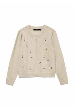 Cardigan beige boutonné à manches longues avec de petites fleurs blanches et pêche brodées dispersées sur le devant.