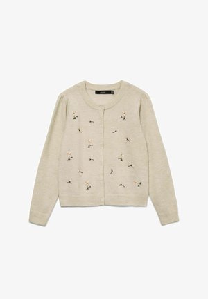 Smėlio spalvos megztinis su sagomis, ilgomis rankovėmis ir mažais siuvinėtais baltais bei persiko spalvos žiedais, pasklidusiais priekyje.