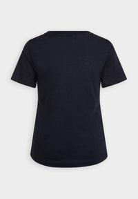 Tricou bleumarin cu mânecă scurtă, confecționat din bumbac; gât rotund, croială lejeră, tiv curat, fără grafice sau modele vizibile pe spate.