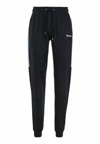 Schwarze Jogginghose mit elastischem Bund und verstellbarem Kordelzug. Mit hellgrauen Seiteneinsätzen, gerippten Bündchen und einem Logo auf der Vorderseite.