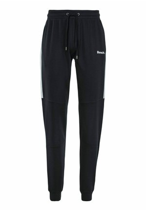 Schwarze Jogginghose mit elastischem Bund und verstellbarem Kordelzug. Mit hellgrauen Seiteneinsätzen, gerippten Bündchen und einem Logo auf der Vorderseite.