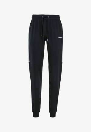 Schwarze Jogginghose mit elastischem Bund und verstellbarem Kordelzug. Mit hellgrauen Seiteneinsätzen, gerippten Bündchen und einem Logo auf der Vorderseite.