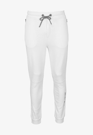 Weiße Sweatpants aus weichem Material, mit einem Kordelzugbund, seitlichen Taschen und einem Logodetail am linken Bein.