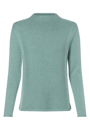 Pull en maille vert clair à col rond, manches longues et motif texturé à l'avant et sur les côtés.