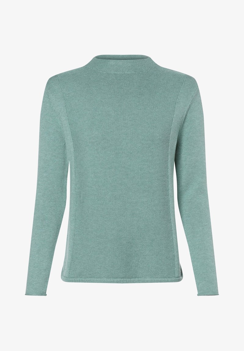 Pull en maille vert clair à col rond, manches longues et motif texturé à l'avant et sur les côtés.
