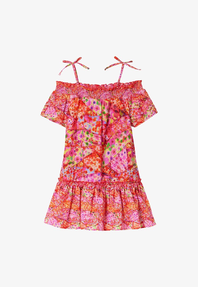 Robe fleurie rose et orange épaules dénudées, ourlet à volants, encolure smockée, manches courtes et fines bretelles nouées.