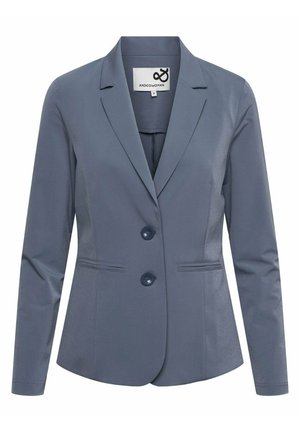 Dames grijze, op maat gemaakte blazer met twee knopen, ingezette revers en twee voorste paspelzakken, weergegeven op een effen achtergrond.