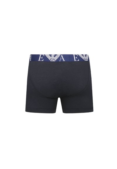 Dark navy men's boxer shorts with a white branded elastic waistband featuring a logo. Smooth texture, fitted design, mid-thigh length.