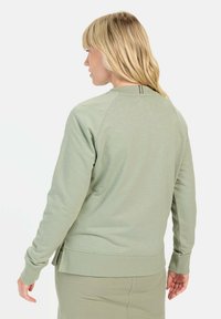 Lichtgroene sweatshirt met raglanmouwen, geribbelde manchetten en een open rugdetail. Gemaakt van zacht materiaal met een gladde textuur.