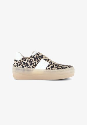 Low platform sneaker with leopard print fabric upper, beige laces, white heel and side panels, and translucent beige sole.