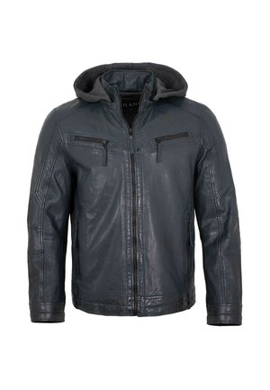 Dunkelgraue Lederjacke mit Frontreißverschluss, zwei Brusttaschen mit Reißverschluss, Seitentaschen mit Reißverschluss und einer befestigten weichen Stoffkapuze.