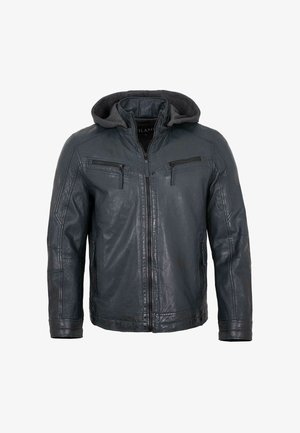 Dunkelgraue Lederjacke mit Frontreißverschluss, zwei Brusttaschen mit Reißverschluss, Seitentaschen mit Reißverschluss und einer befestigten weichen Stoffkapuze.