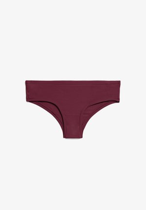 Bas de bikini bordeaux avec une texture lisse, présentant un style classique de slip et des bords nets, offrant une couverture complète avec un ajustement confortable.