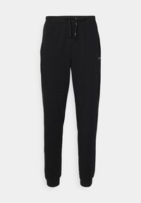 Black jogger pants made from soft fabric, featuring a drawstring waist, elastic cuffs, and side pockets. Minimalist design with no patterns.