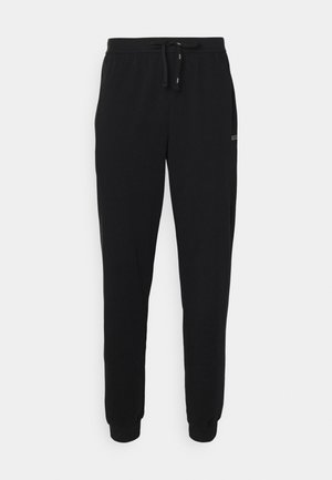Svarte joggebukser laget av mykt stoff, med snøring i livet, elastiske mansjetter og sidelommer. Minimalistisk design uten mønstre.