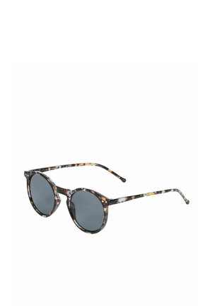 Lunettes de soleil rondes avec une monture en écaille multicolore, des verres gris et des branches fines et courbées. Légères et finition brillante.