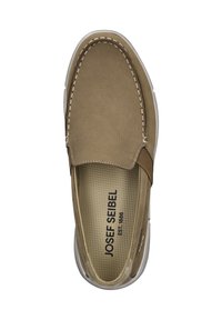 Brun slip-on sko med et tekstureret canvasoverdel, elastisk sidepanel og kontrasterende hvide sømme, med en polstret sål.