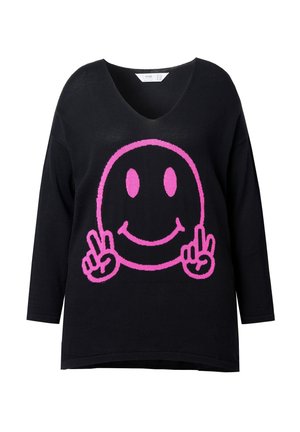 Maglione nero lavorato a maglia con un grande motivo di faccina sorridente rosa, due segni di pace, scollatura a V e maniche a tre quarti.