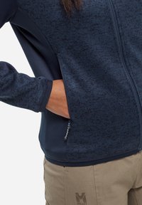 Veste zippée bleu foncé avec un motif tricoté texturé, tissu lisse contrastant et poches avec fermetures éclair. Style vêtements de sport.