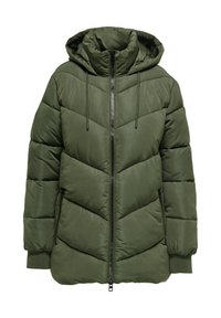 Green padded hooded winter jacket with front zipper, drawstring hood, zippered side pockets, and ribbed cuffs.