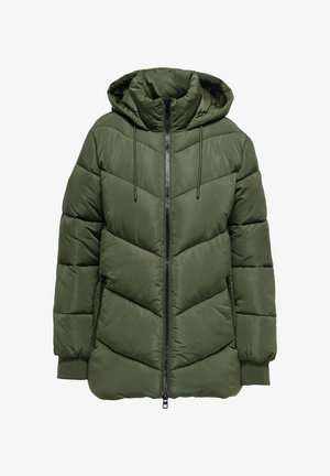 Grøn polstret vinterjakke med hætte, forrest lynlås, snøre i hætten, lynlåslommer i siden og ribstrikkede manchetter.