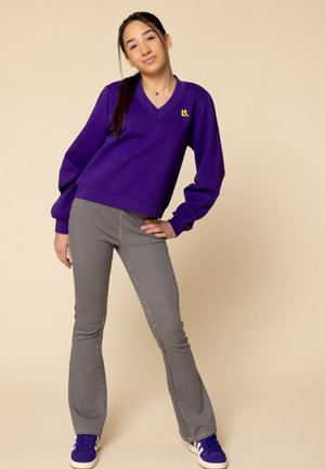 Paarse v-hals sweatshirt met een geel logo, gecombineerd met grijs gestreepte flare pants en paarse sneakers. Simpel, casual ontwerp.