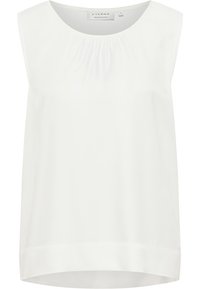 Mouwloze witte blouse met een geplooide halslijn, gladde stof en een licht gebogen zoom. Geen zichtbare patronen of accenten.