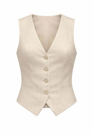 Gilet beige aderente da donna con quattro bottoni frontali, scollo a V, sottili righe, e due tasche orizzontali a filetto in vita.