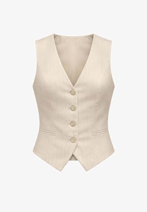 Gilet beige aderente da donna con quattro bottoni frontali, scollo a V, sottili righe, e due tasche orizzontali a filetto in vita.