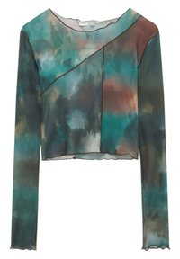 Průhledný dlouhý rukáv cropped top s abstraktním vzorem v tónech modro-zelené, hnědé a krémové. Výstřih a lemy mají vlnitý finish.