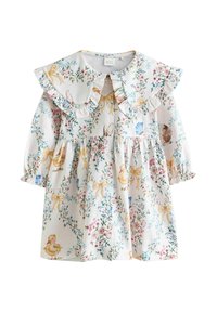 Balta kleita ar ziedu un dzīvnieku rakstiem, ar volānu apkakli, garām piedurknēm un savākta svārku daļa. Izgatavota no viegla auduma.