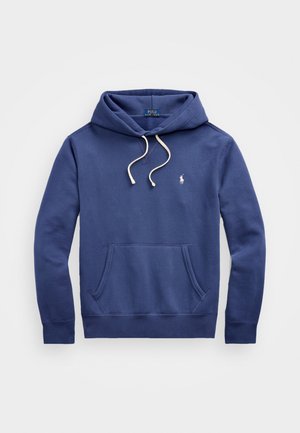 Sweat à capuche bleu marine à manches longues avec poche avant, cordons blancs et petit logo Polo Ralph Lauren blanc sur la poitrine gauche.