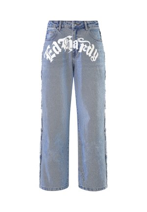Light blue denim jeans with a relaxed fit, featuring distressed accents and large white "Ed Hardy" text on the front.