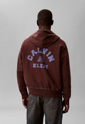 Felpa con cappuccio marrone dotata di coulisse. Sul retro, in posizione centrale e ben visibile, è stampata in grande una scritta blu "CALVIN KLEIN", sopra la dicitura "CK 1968 NY NY". Tessuto morbido.