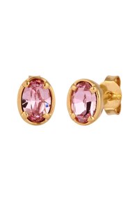 Boucles d'oreilles en métal doré plaqué, ornées de pierres précieuses ovales roses avec des facettes, montées dans un design à quatre griffes. Arrière en or lisse avec gravure visible.