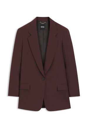 Blazer marron foncé à un seul bouton, avec revers crantés, deux poches avant à rabat et doublure intérieure noire, marqué du label "BOSS".