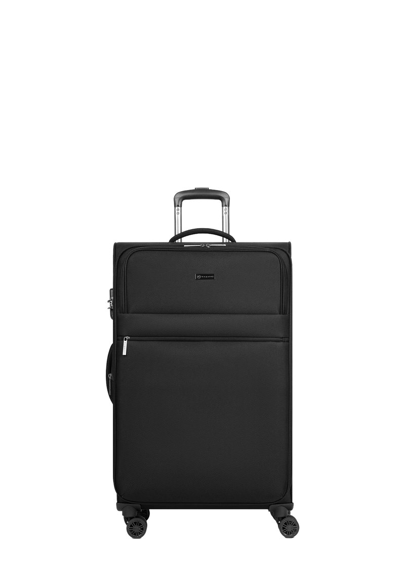 Zwarte koffer op wielen met een textuurstof buitenkant, telescopische handgreep, meerdere compartimenten en vier spinners voor gemakkelijke mobiliteit.