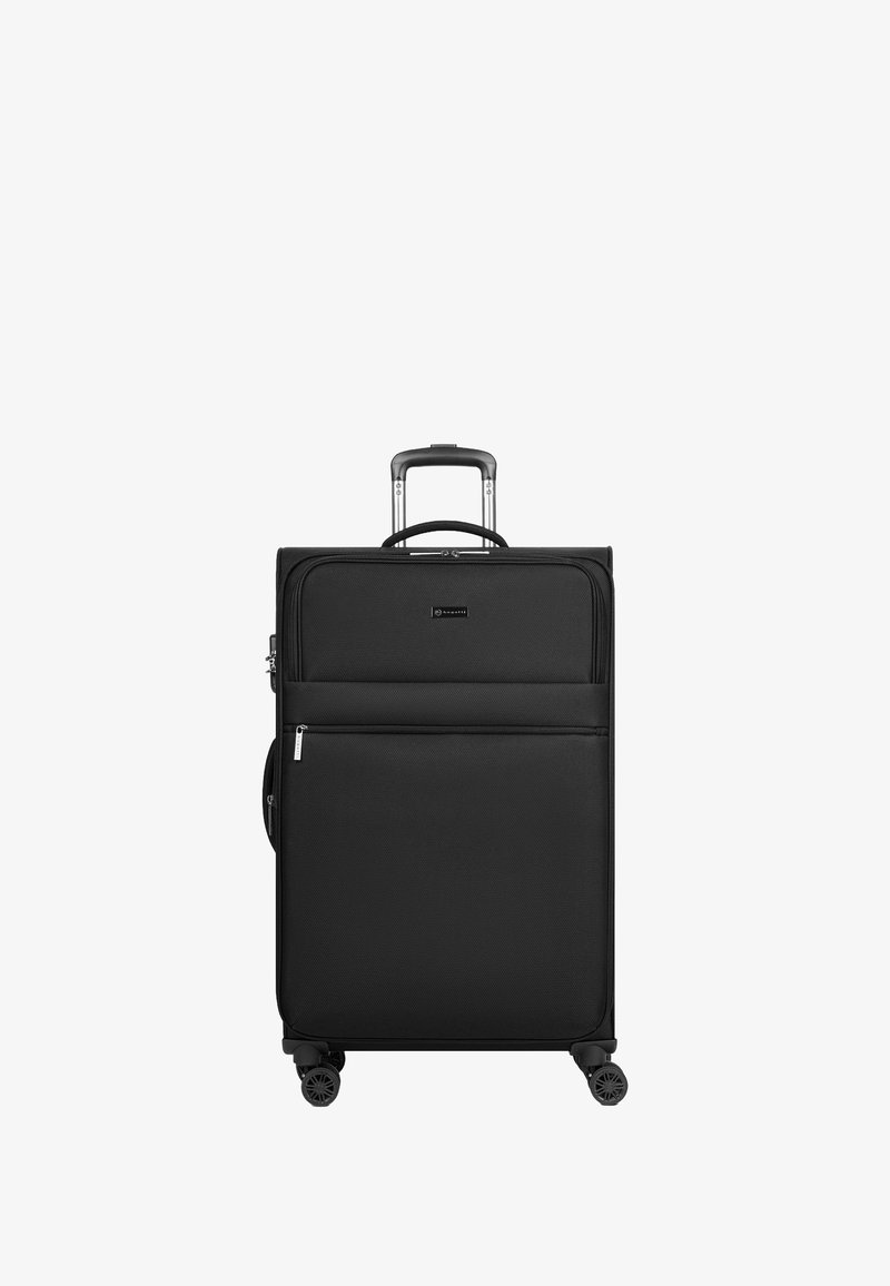 Zwarte koffer op wielen met een textuurstof buitenkant, telescopische handgreep, meerdere compartimenten en vier spinners voor gemakkelijke mobiliteit.